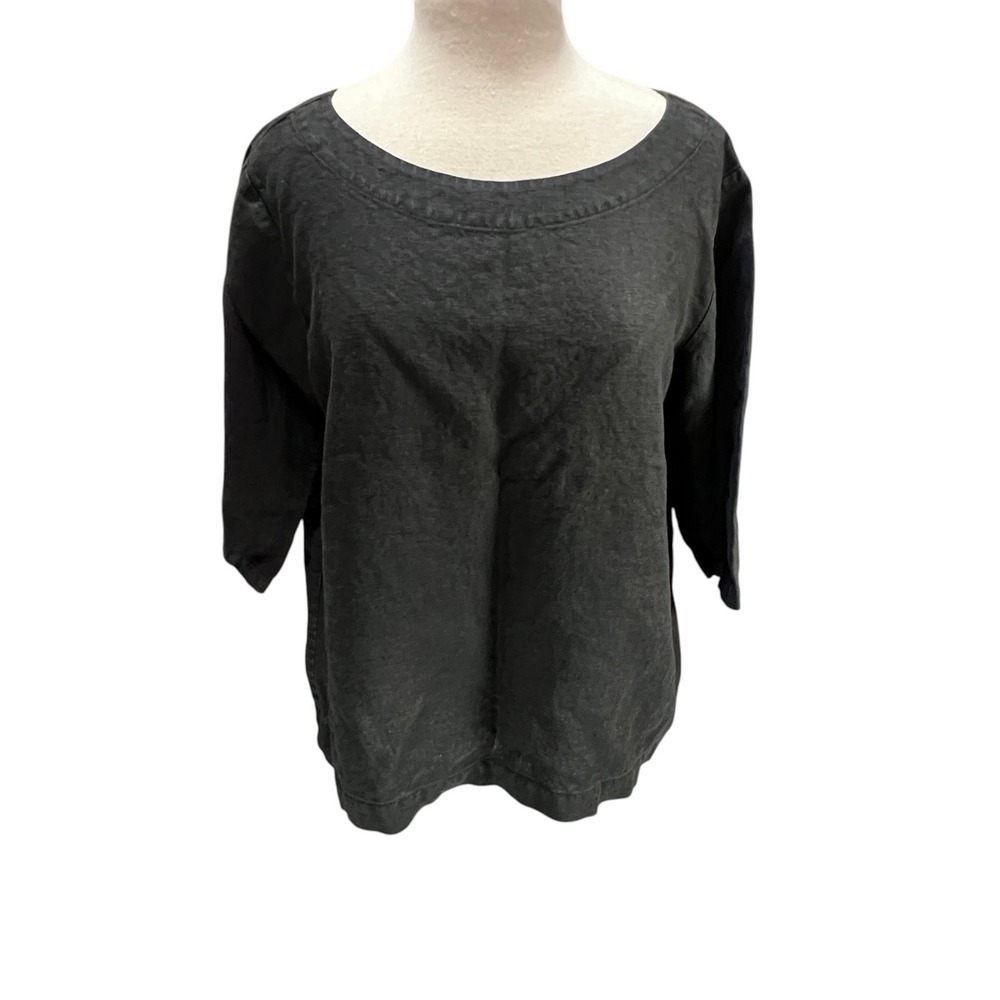 not PERFECT LINEN Black Short Elbow Sleeve Top Sz L Boxy Lagenlook Minimalist